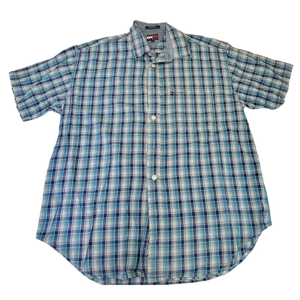 Tommy Jeans Mens Plaid Button Up Shirt Short Sleeve Blue Casual Large